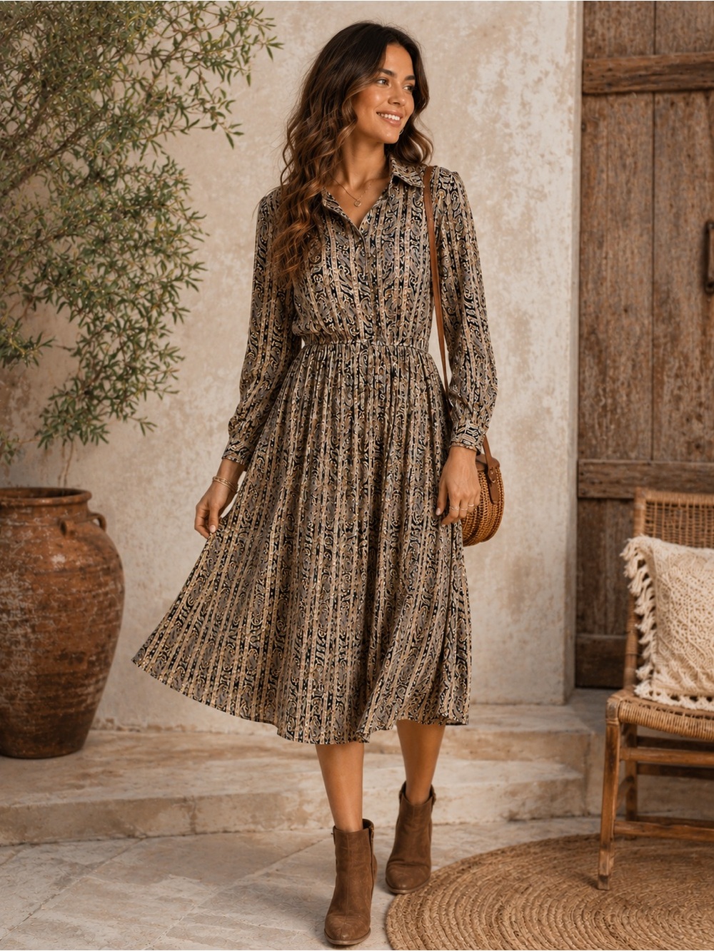 Boho Paisley Midi Dress Long Sleeve Collared Pleated Waist Indie Sleaze  Size S